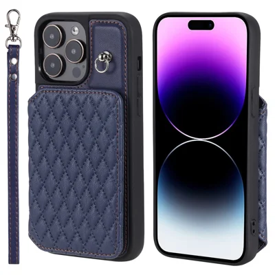 Style 008 For iPhone 14 Pro RFID Blocking Card Holder Case PU Leather+TPU Phone Kickstand Cover with Wrist Strap - Blue