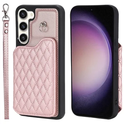 Style 008 Phone Cover for Samsung Galaxy S23 , Kickstand PU Leather+TPU RFID Blocking Card Holder Shell with Wrist Strap - Rose Gold