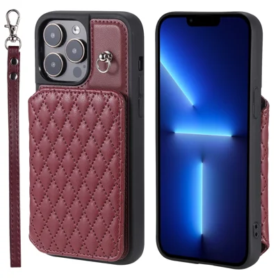 Style 008 Kickstand Phone Cover for iPhone 13 Pro Max 6.7 inch , PU Leather+TPU RFID Blocking Card Holder Shell with Wrist Strap - Wine Red