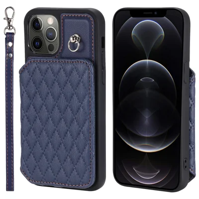 Style 008 Card Holder Cover for iPhone 12 Pro Max 6.7 inch , RFID Blocking PU Leather+TPU Phone Shell with Kickstand and Wrist Strap - Blue
