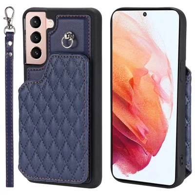 Style 008 For Samsung Galaxy S21 4G / 5G Kickstand Case RFID Blocking PU Leather+TPU Phone Shell with Card Slots and Wrist Strap - Blue