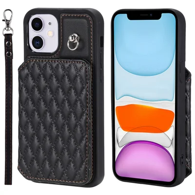 Style 008 Kickstand Phone Cover for iPhone 11 , PU Leather+TPU RFID Blocking Anti-drop Shell with Wrist Strap - Black