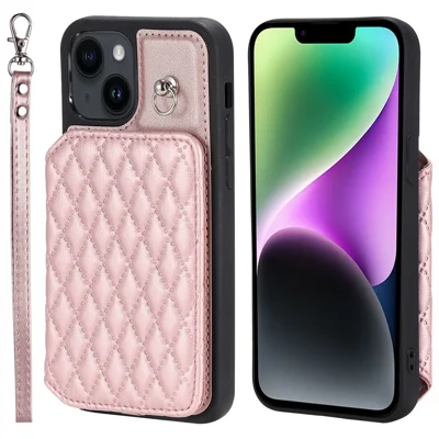 Style 008 Kickstand Phone Cover for iPhone 14 , PU Leather+TPU RFID Blocking Shockproof Shell with Wrist Strap - Rose Gold