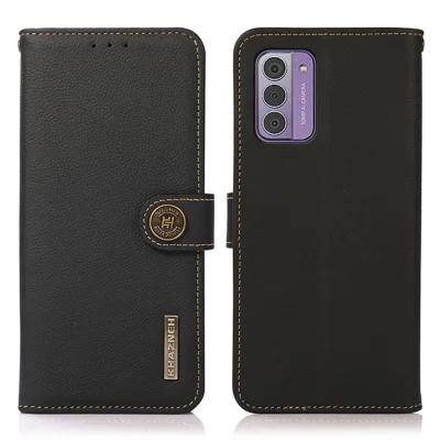 KHAZNEH For Nokia G42 Phone Case Drop Protection Genuine Cow Leather Phone Cover Stand RFID Blocking Wallet - Black