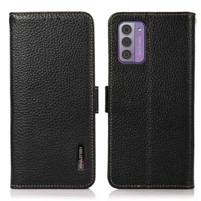 KHAZNEH For Nokia G42 Phone Case Wallet RFID Blocking Stand Litchi Texture Genuine Cow Leather Cover - Black