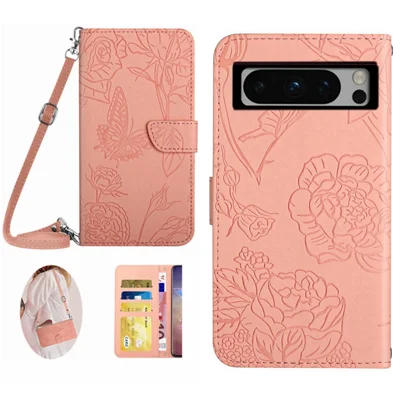 HT03 For Google Pixel 8 Pro PU Leather Wallet Case Adjustable Stand Imprinted Cover with Shoulder Strap - Pink