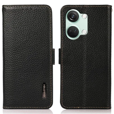 KHAZNEH Genuine Cow Leather Phone Case for OnePlus Nord 3 5G / Ace 2V , RFID Blocking Stand Wallet Litchi Texture Cover - Black
