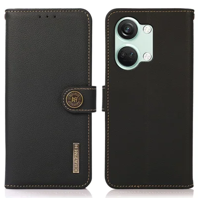 KHAZNEH For OnePlus Nord 3 5G / Ace 2V RFID Blocking Wallet Case Fall Protection Genuine Cow Leather Stand Phone Cover - Black