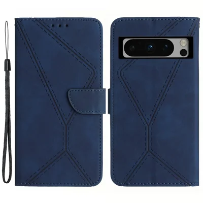 HT05 For Google Pixel 8 Pro PU Leather Phone Case Skin-touch Imprinted Line Wallet Stand Cover - Blue