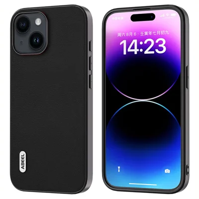 ABEEL For iPhone 15 Plus Textured PU Leather+TPU Phone Cover Fall Proof Back Case - Black