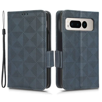 For Google Pixel Fold Phone Cover PU Leather Stand Wallet Imprinted Triangle Cell Phone Case Shell - Blue