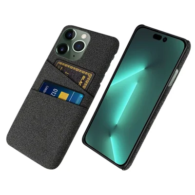 Dual Card Holder Phone Case for iPhone 15 Pro Max Hard PC + Cloth Anti-scratch Phone Cover - Black
