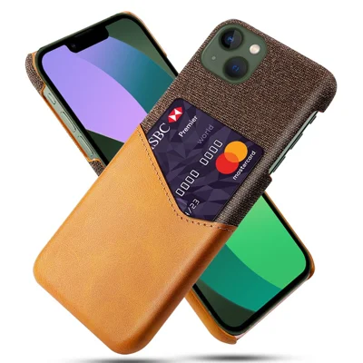 Card Holder Protective Phone Case for iPhone 15 Cloth Texture PU Leather Coated PC Cover - Orange