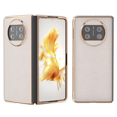 For Huawei Mate X3 5G Genuine Cow Leather + PC Case Electroplating Protective Phone Cover - Grey