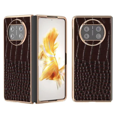 For Huawei Mate X3 5G Crocodile Pattern Phone Case Genuine Cow Leather + PC Electroplating Cover - Coffee