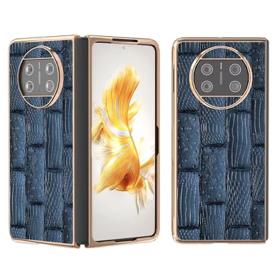 For Huawei Mate X3 5G Mahjong Texture Anti-Slip Case Genuine Cow Leather + PC Electroplating Phone Cover - Blue