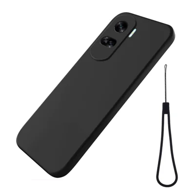 For Honor 90 Lite 5G / X50i 5G Liquid Silicone Phone Case Soft Lining Shockproof Cover with Strap - Black