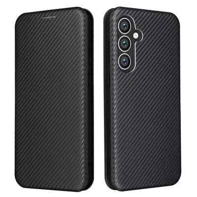 Carbon Fiber Texture Shell for Samsung Galaxy S23 FE , Card Holder Case Phone Leather Stand Cover - Black