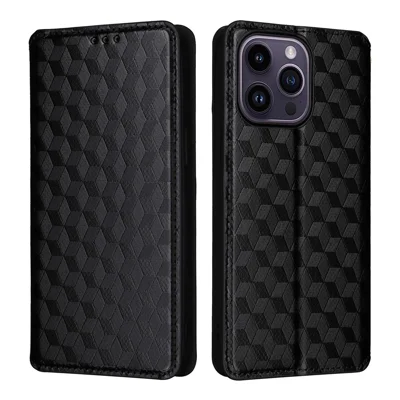 Vollständiger Schutzhandy-Hülle für iPhone 15 PU-Leder Rautenprägung Brieftasche Ständer Abdeckung - Schwarz