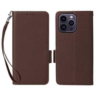 Litchi-Textur PU-Leder-Geldbörsen-Hülle für iPhone 15, vollständiger Schutz Standhülle mit Riemen - Braun