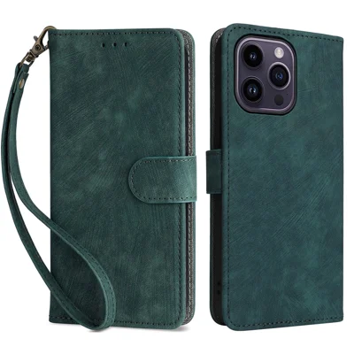For iPhone 15 Pro Max Wallet Phone Case RFID Blocking PU Leather Anti-fall Stand Cover with Strap - Green