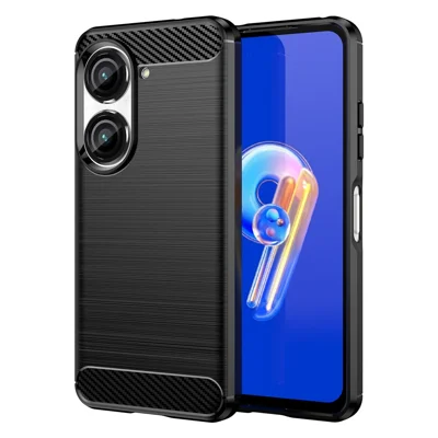 Для Asus Zenfone 10 5G Чехол для телефона с текстурой из углеродного волокна Защитный чехол с щеткой - черный