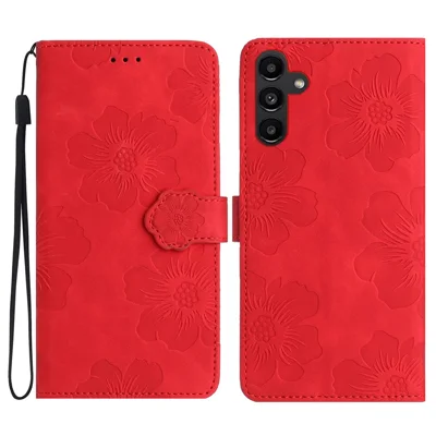 For Samsung Galaxy S23 FE PU Leather Flowers Imprinted Phone Case Shockproof Stand Wallet Cover - Red