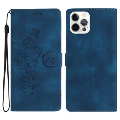 For iPhone 15 Pro Max Flower Imprinted Leather Phone Case Anti-drop Wallet Stand Cover - Blue