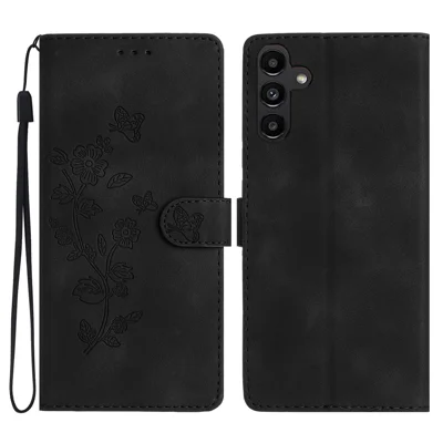 PU Leather Phone Cover For Samsung Galaxy A25 5G (Global) (161.0 x 76.5 x 8.3mm) , Magnetic Phone Case Imprinted Flower Wallet Stand Shell - Black
