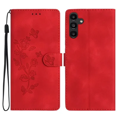 For Samsung Galaxy A54 5G Phone Shell Imprinted Flower Wallet Stand Magnetic Phone Case Leather Cover - Red