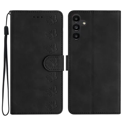 TPU+PU Leather Telefoonhoesje voor Samsung Galaxy A25 5G (Globaal) (161,0 x 76,5 x 8,3 mm), Bedrukt Vlinder Portemonnee Flip Stand Hoes - Zwart