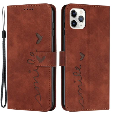 For iPhone 15 Pro Max Skin-touch PU Leather Shockproof Phone Cover Heart Imprinting Wallet Stand Case - Brown