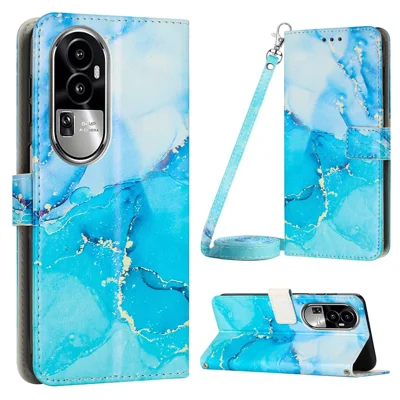For Oppo Reno10 Pro 5G (Global) / Reno10 5G (Global) Leather Wallet Phone Case Marble Pattern Stand Cover with Shoulder Strap - Blue  /  Green