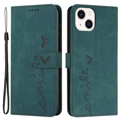 For iPhone 15 Plus Heart Imprinted Phone Leather Case Wallet Stand Phone Cover - Green