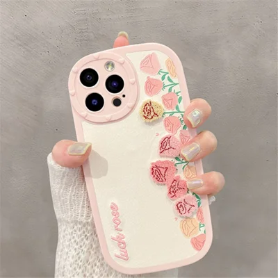 For iPhone 13 Pro Max Protective Phone Case Embroidery 3D Flower Anti-scratch Silicone Cover - Pink+Rose