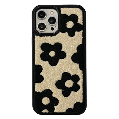 For iPhone 14 Pro Max Embroidery Plush Flower Phone Case TPU + PC Protective Phone Cover - Black