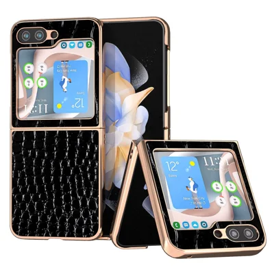 For Samsung Galaxy Z Flip5 5G Electroplating Phone Case Crocodile Texture Genuine Cow Leather Coated PC Cover - Black
