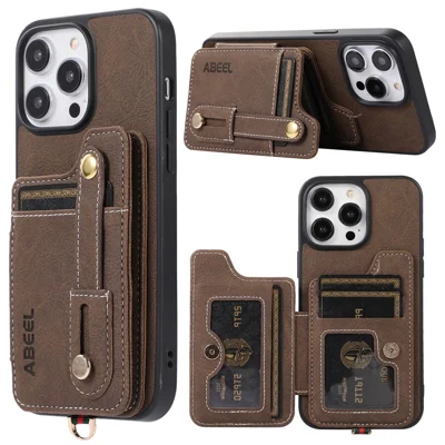 ABEEL Style 01 For iPhone 15 Pro Kickstand Card Holder Case Litchi Texture PU Leather Coated TPU+PC Phone Cover - Khaki