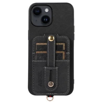ABEEL Style 02 voor iPhone 14 Anti-val Leren Gecoate TPU+PC Staanderhoes met Kaarthouders Geplooide Structuur Telefoonhoes - Zwart