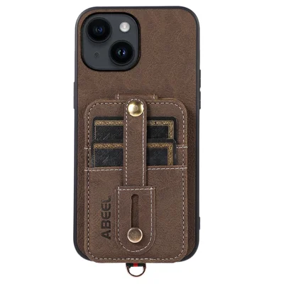 ABEEL Style 02 voor iPhone 14 Plus PU-leer bekleed TPU+PC staanderhoes met kaartsleuven en leersoortstructuur - Kaki