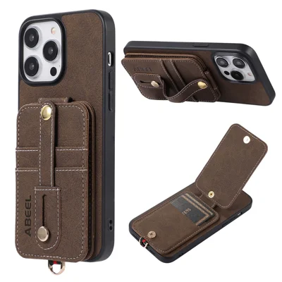 ABEEL Style 02 voor iPhone 14 Pro staanderhoes met kaartsleuven, lederen PU-coating met lijsterbesstructuur, TPU+PC telefoonhoes - Kaki