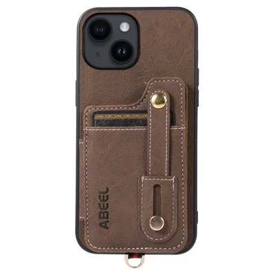 ABEEL Style 01 Kickstand Case for iPhone 14 , Litchi Texture PU Leather Coated TPU+PC Phone Cover with Card Slots - Khaki