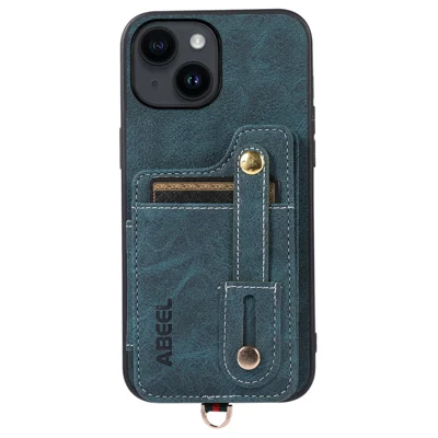ABEEL Style 01 For iPhone 14 Plus Litchi Texture PU Leather Coated TPU+PC Phone Cover Card Holder Kickstand Case - Blue