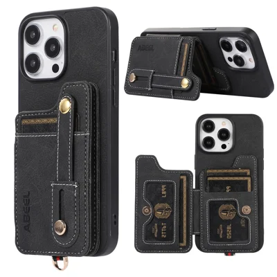 ABEEL Style 01 Zwenkhoes met Standaard voor iPhone 14 Pro Max, PU Leer Gecoate TPU+PC Kaarthouder RFID-blokkerende Telefoonhoes - Zwart