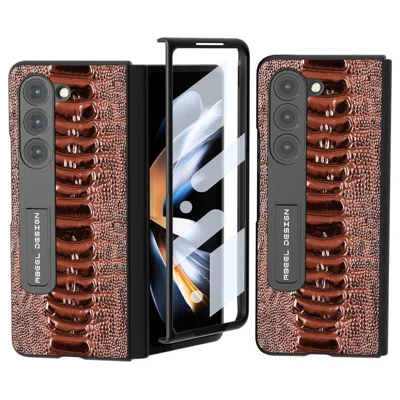 ABEEL For Samsung Galaxy Z Fold5 5G Genuine Cow Leather+PC Phone Case Crocodile Texture Kickstand Protective Cover with Front Screen Film - Brown