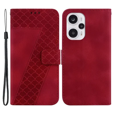 For Xiaomi Poco F5 5G / Redmi Note 12 Turbo PU Leather 7-Shape Imprinted Phone Cover Wallet Stand Case - Red