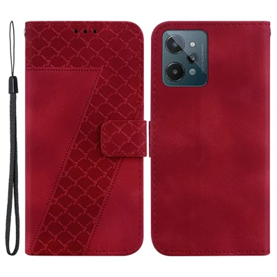 For Realme C31 Magnetic Flip Phone Cover PU Leather+TPU Shell Stand Imprinted Wallet Case - Red