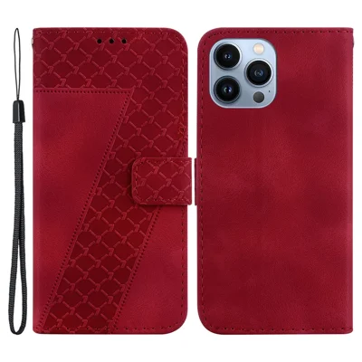 For iPhone 14 Pro Book Style Smartphone Case Stand Imprinted Pattern PU Leather Wallet Cover - Red