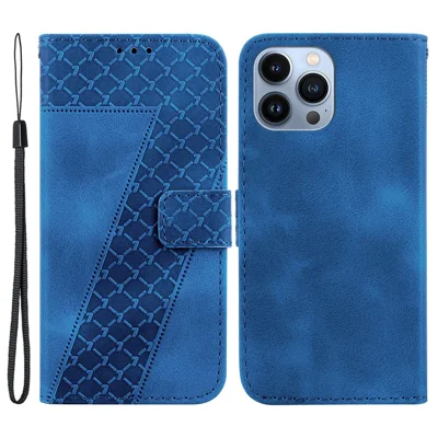 For iPhone 14 Pro Max Stand Imprinted Pattern Phone Case PU Leather Shell Shockproof Wallet Cover - Dark Blue