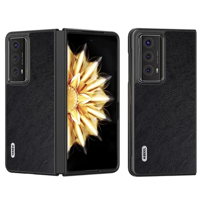 ABEEL Folding Phone Case for Honor Magic V2 5G , Litchi Texture PU Leather Coated PC Cover - Black
